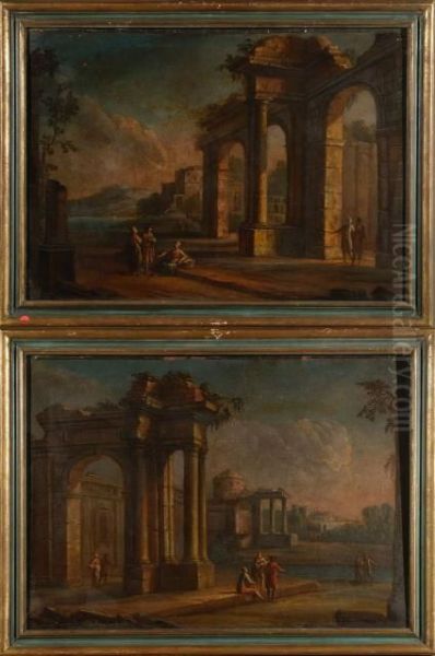 Coppia Di Paesaggi Con Architetture Classiche D'invenzione - view 1