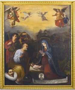 Adoration Of The Shepherds With A Portrait Of The Donor Don Juan De Villela Nuncibay At Prayer thumbnail