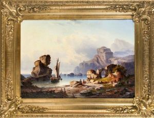 Kustenlandschaft Mit Einem In Einer Bucht Anlegenden Segelboot by Alexandre Calame