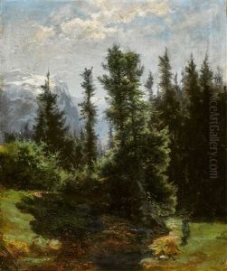 Foret De Sapins Et Petit Personnage Qui Porte Du Bois