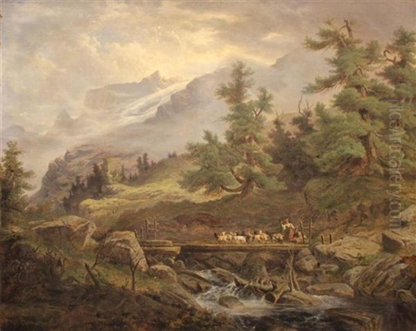 Alpine Landscape With Goats And Goat Herder - view 1