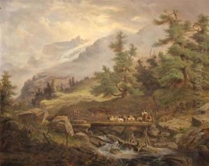 Alpine Landscape With Goats And Goat Herder by Alexandre Calame