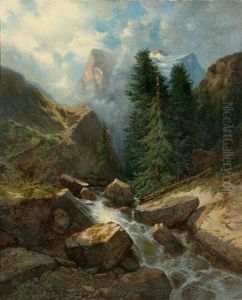 View Of The Wellhorn And Wetterhorn From Rosenlaui by Alexandre Calame