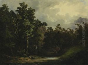 Interieur De Foret Avec Deux Cerfs by Alexandre Calame