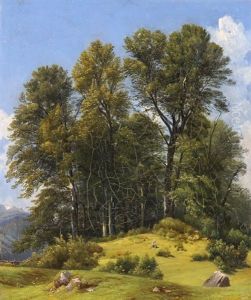 Wiesenlandschaft Mit Schafer Und Schafen Vor Laubbaumgruppe