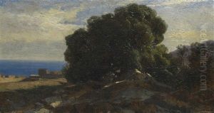 Massif D'arbres Et Bord De Mer, Vers Bordighera by Alexandre Calame