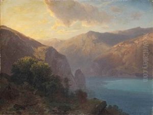 Pres De Seelisberg: A View Of Lac De Lucerne Seen From The Seelisberg, Switzerland by Alexandre Calame