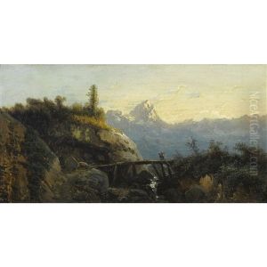 Berglandschaft Mit Brucke Und Bauern by Alexandre Calame