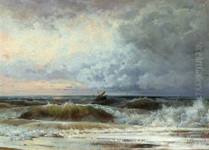 Strandansicht Mit Einem Havarierten Schiff In Sturmischer See Vor Dramatischer Gewitterwolken-stimmung