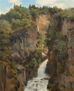 Torrent Dans Une Gorge, Arbres / Reichenbach Falls by Alexandre Calame