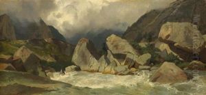 Torrent De Montagne, Rochers, Vue Sur Une Vallee by Alexandre Calame