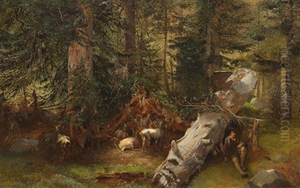 Hirte Mit Ziegen Im Wald - view 1