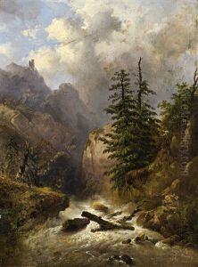 A Moutainous Landscape With A Stream And Pine