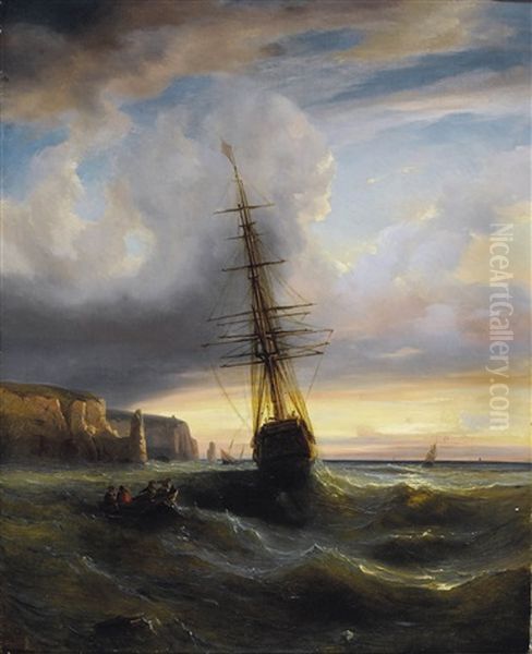 Felsige Meereskuste Mit Segelschiff Im Abendrot - view 1