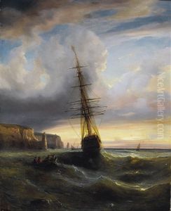 Felsige Meereskuste Mit Segelschiff Im Abendrot by Alexandre Calame
