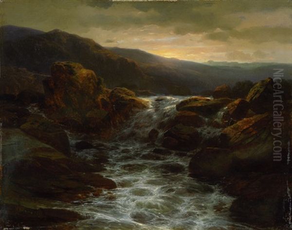 Sonnenuntergang Uber Einem Wasserfall Und Stromschnellen In Felsiger Landschaft - view 1