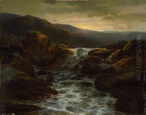 Sonnenuntergang Uber Einem Wasserfall Und Stromschnellen In Felsiger Landschaft by Alexandre Calame