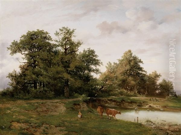 Hirtin Mit Kuhen Am See - view 1