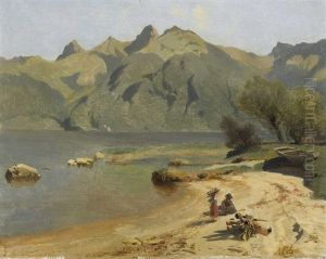 Bergsee Mit Holzsammlern Am Ufer by Alexandre Calame