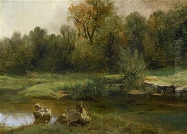 Landschaft Mit Einem Teich Im Vordergrund - view 1