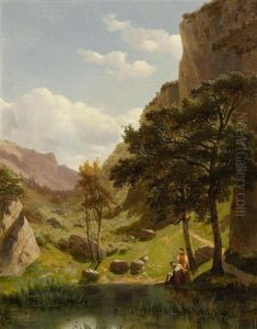 Landschaft Mit Zwei Figuren An Einem Teich