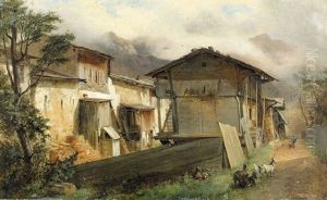 Dorfpartie Mit Ziegen by Alexandre Calame