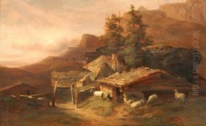 Gebirgslandschaft Mit Alphutten, Ziegen Und Schafen