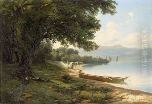 Kleine Bucht Am Genfersee Mit Ruderkahn Und Fischernetzen by Alexandre Calame