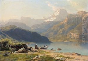 Kleine Bucht Am Urnersee Mit Kahn Und Figuren