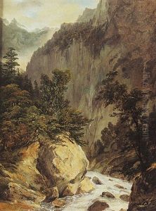 Paysage De Torrent Dans Une Vallee Encaissee by Alexandre Calame