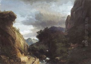 Bergbach In Felsschlucht Mit Reisenden Auf Weg by Alexandre Calame