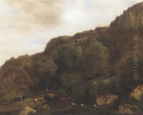 Paysage De Montagne Avec Gros Roches Et Vaches - view 1