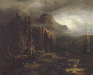 Paysage De Montagne, Avec Sapins Et Cours D'eau, Par Temps D'orage