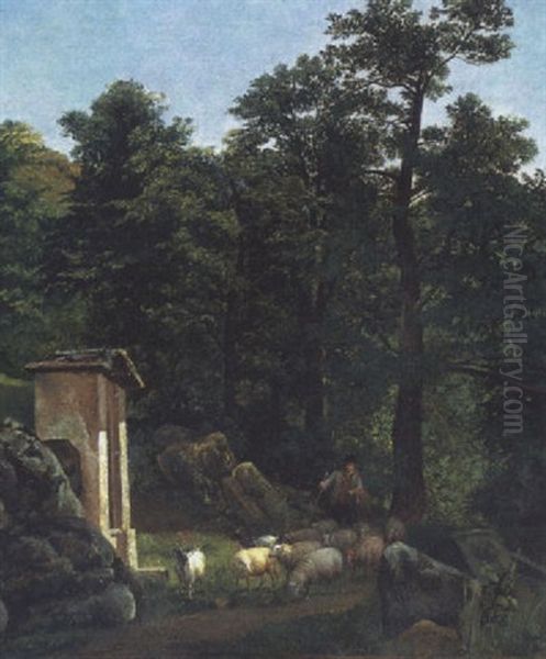 A Wooded Landscape With A Shepherd And Sheep Near A Roadside Shrine - view 1
