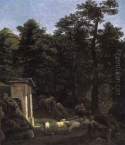 A Wooded Landscape With A Shepherd And Sheep Near A Roadside Shrine