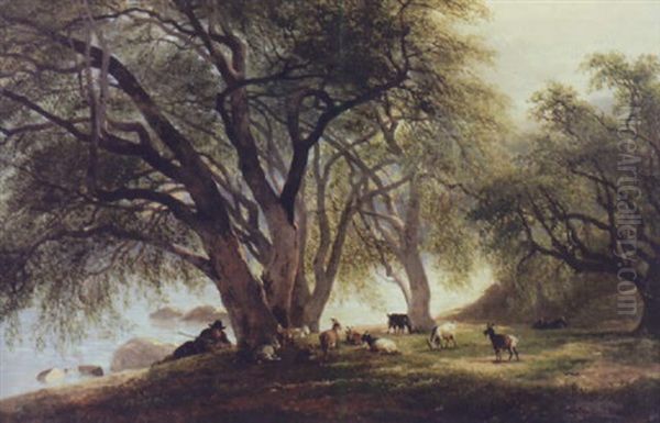 Platanes Au Bord Du Lac, Avec Berger Et Chevres - view 1