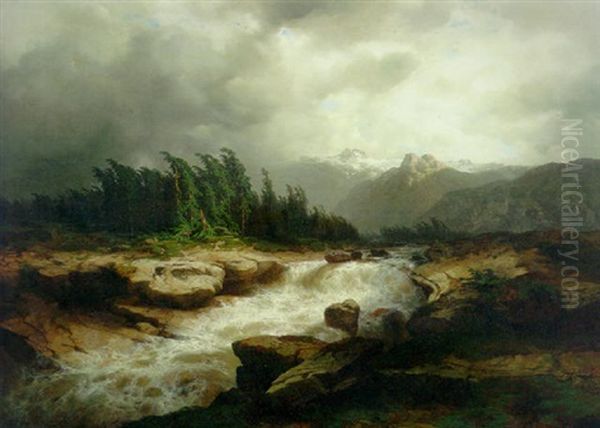 A Torrent Running Through An Alpine Landscape With Snow-covered Mountain In The Distance - view 1