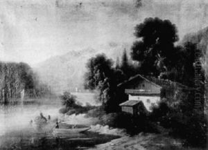 A Cottage Beside An Alpine Lake by Alexandre Calame