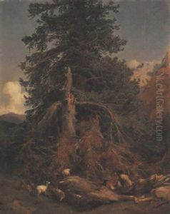 Landschaft Mit Tanne Und Ziegen