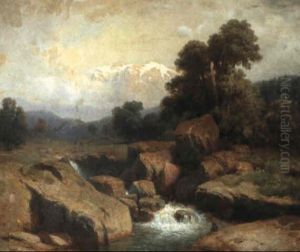 Sturzbach Mit Bergen Im Hintergrund by Alexandre Calame
