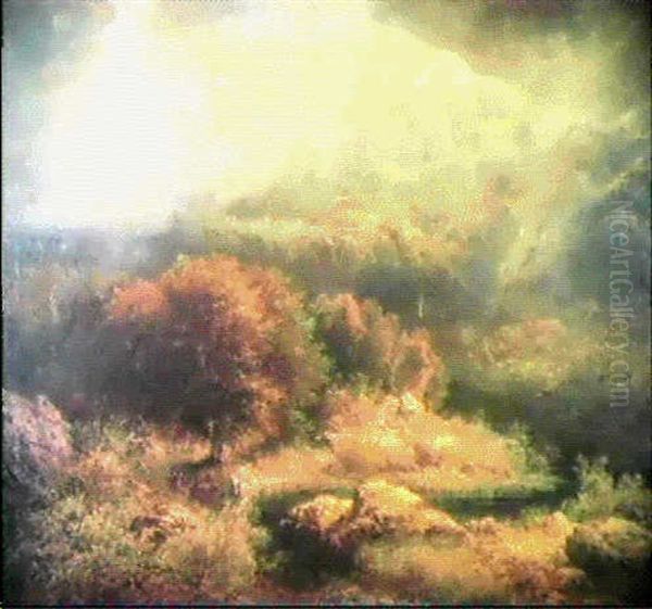 Paysage Avec Montagne, Etang Et Deux Cerfs - view 1