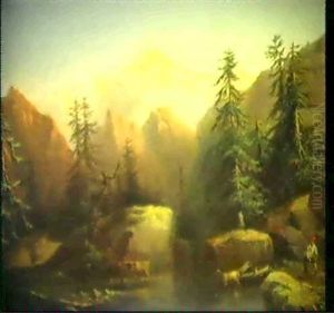 Ein Paar Gebirgslandschaften A) Hirte An Einem Alpsee, Im   Hintergrund Die Jungfrau B) Rastender Wanderer (pendants)