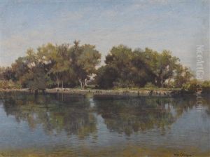 Sonniges Ufer Mit Sich Spiegelnden Baumen Im Wasser by Arthur Calame