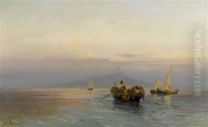 Fischerboote In Der Bucht Vor Neapel Mit Vesuv Im Hintergrund