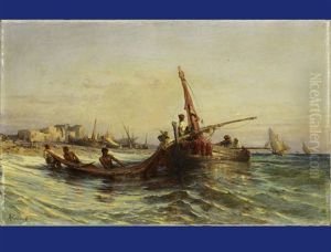 Coastline With Sailboats And Fishermen by Arthur Calame
