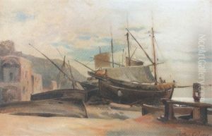 Strandpartie Mit Fischerbooten Und Kleiner Hafenstadt by Arthur Calame