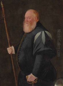 Portrait Of A Man, Three-quarter-length, In A Dark Blue Doublet With Slashed Sleeves, Holding A Spear And A Sword, With A Helmet Beside Him by Jan Stephan von (Calcker) Calcar
