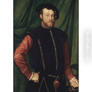 Portrait Of A Gentleman, Three-quarter Length, Wearing A Black Cap, A Black-slashed Singlet Over A Red Shirt, Holding A Sword And A Dagger And Standing Before A Green Curtain