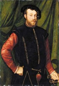Portrait Of A Bearded Man In A Black Doublet With Crimson Sleeves And A Black Hat, A Dagger In His Right Hand And Sword In His Left