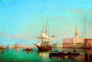 Troit Mats Et Gondole Sur La Lagune Pres De La Place Saint Marc A Venise by Charles Clement Calderon